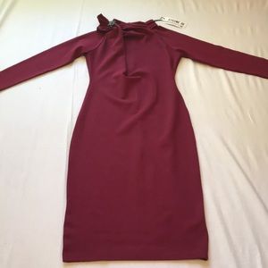 Dark red dress high collar Crystal pen bow on side